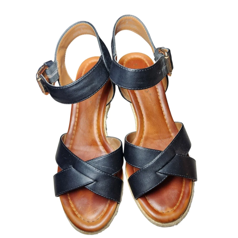 Pesaro Espadrille Wedge Black Vegan Leather Sandals Ankle Strap‎ Gold Buckle 8